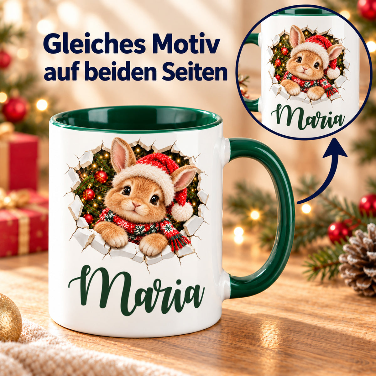 Zwei Ansichten der Tasse zeigen auf beiden Seiten dasselbe weihnachtliche Hase-Motiv und denselben Wunschnamen