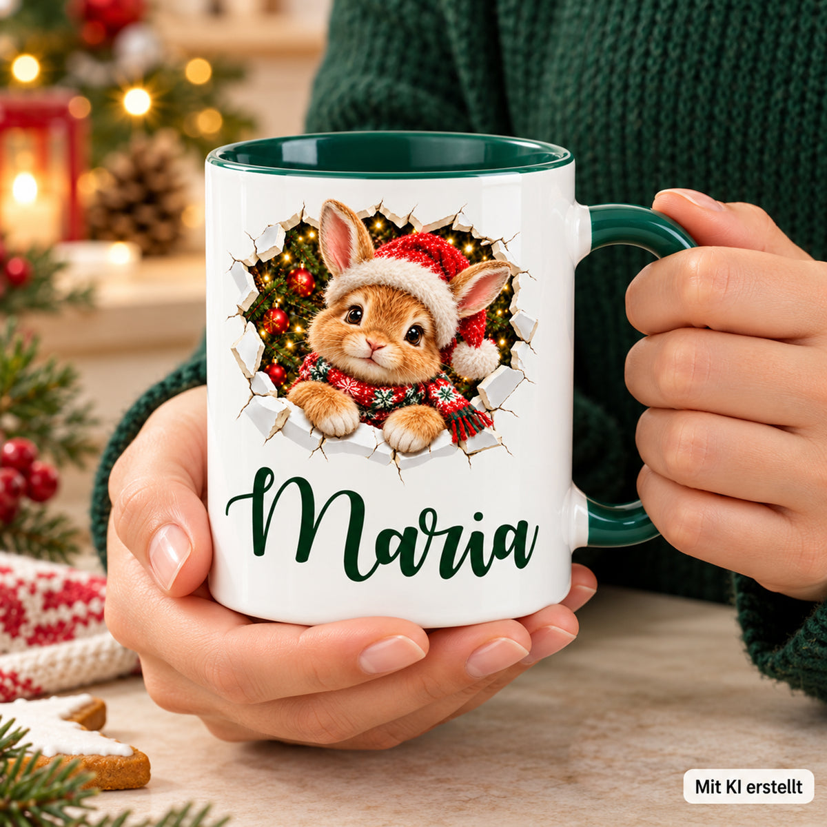 Hände halten die grüne Weihnachtstasse mit personalisiertem Hase-Motiv in gedruckter Bruch-Optik