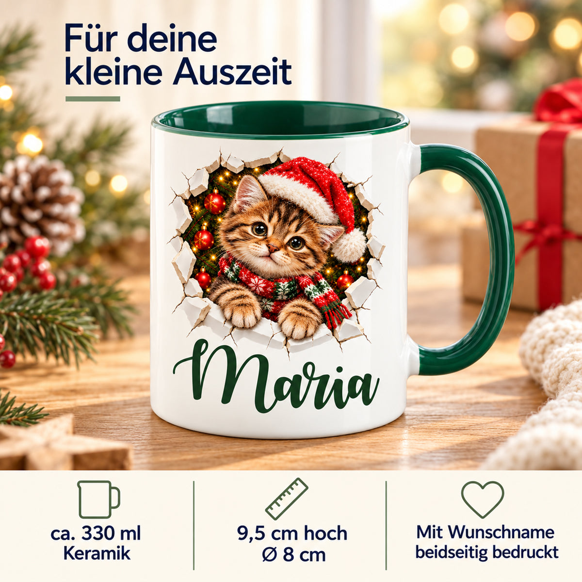 Produktdetails der personalisierten Keramiktasse mit Katze-Motiv, grünem Henkel und ca. 330 ml Inhalt