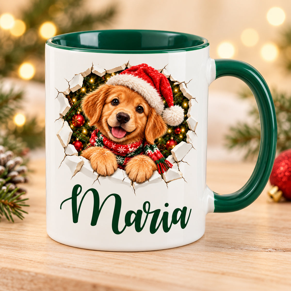 Weiße Tasse mit grünem Henkel und Innenraum, weihnachtlichem Hund-Motiv und Wunschname in Bruch-Optik