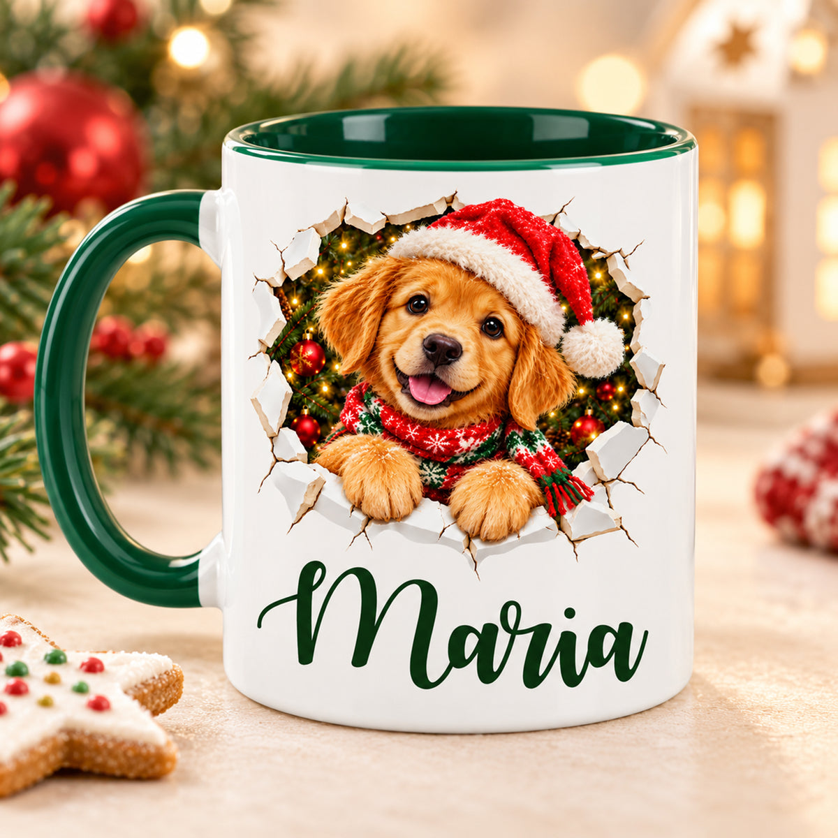 Rückseite der grünen Weihnachtstasse: dasselbe Hund-Motiv mit Wunschname und gedruckter Keramikbruch-Illusion