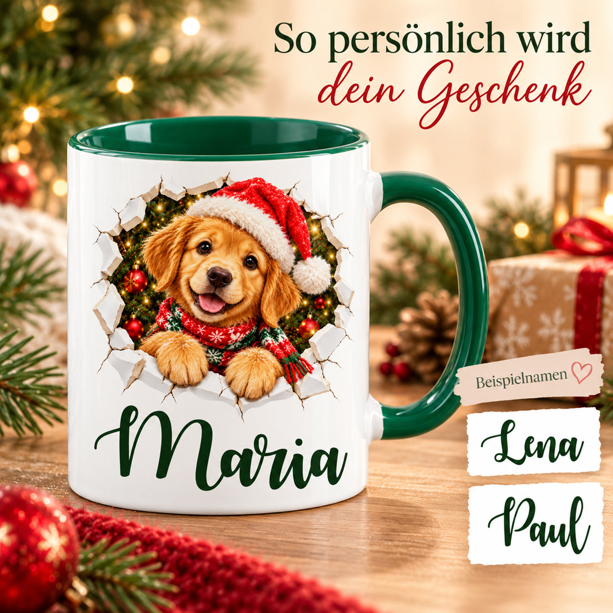 Personalisierung der Weihnachtstasse: Wunschname unter dem Hund-Motiv mit Weihnachtsmütze und Schal