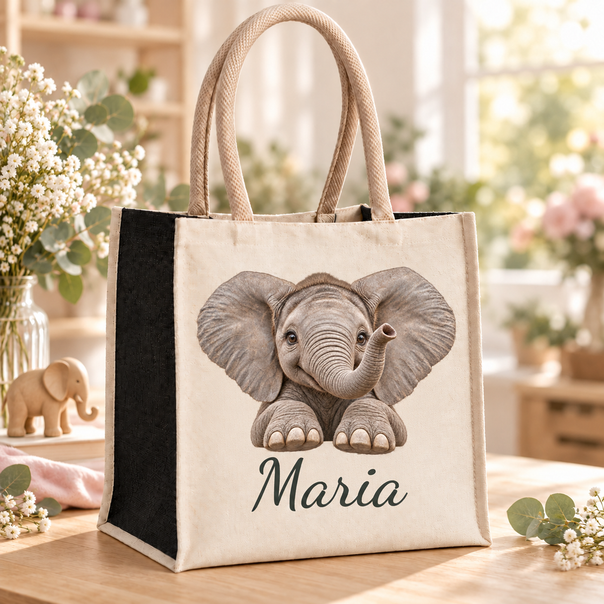 Einkaufstasche mit Elefant-Motiv und Wunschname im Blumenatelier