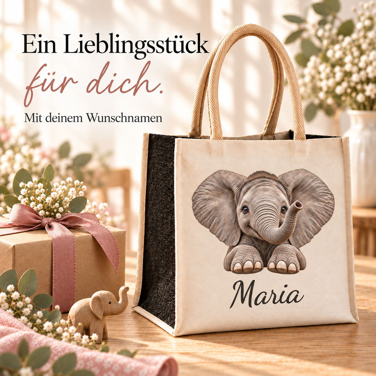 Personalisierte Einkaufstasche mit Elefant-Motiv in einer Geschenkszene