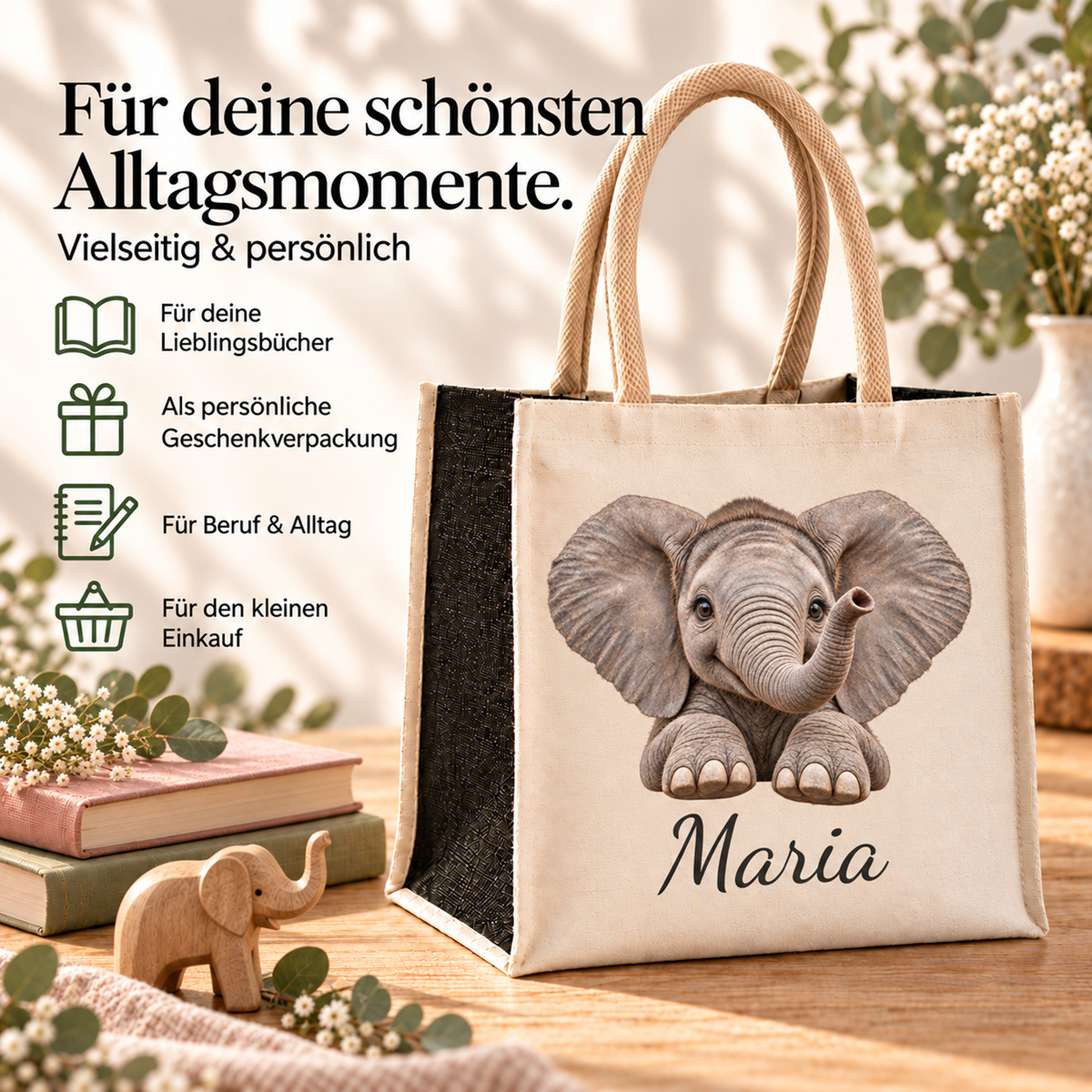 Personalisierte Einkaufstasche mit Elefant-Motiv in einer Alltagsszene