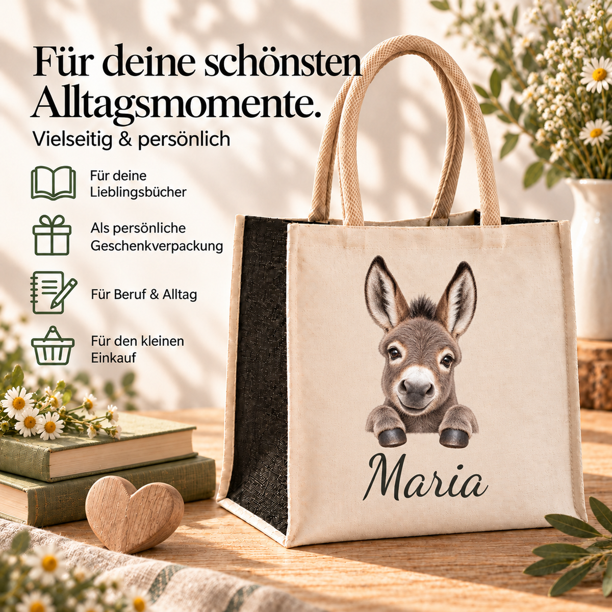 Personalisierte Einkaufstasche mit Esel-Motiv in einer Alltagsszene