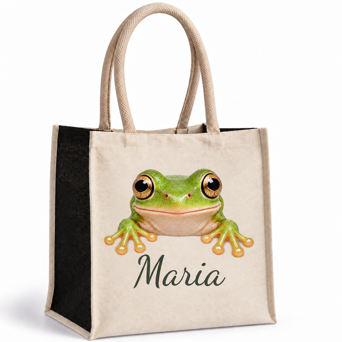 Personalisierte Einkaufstasche mit Frosch-Motiv, Wunschname und schwarzen Seiten