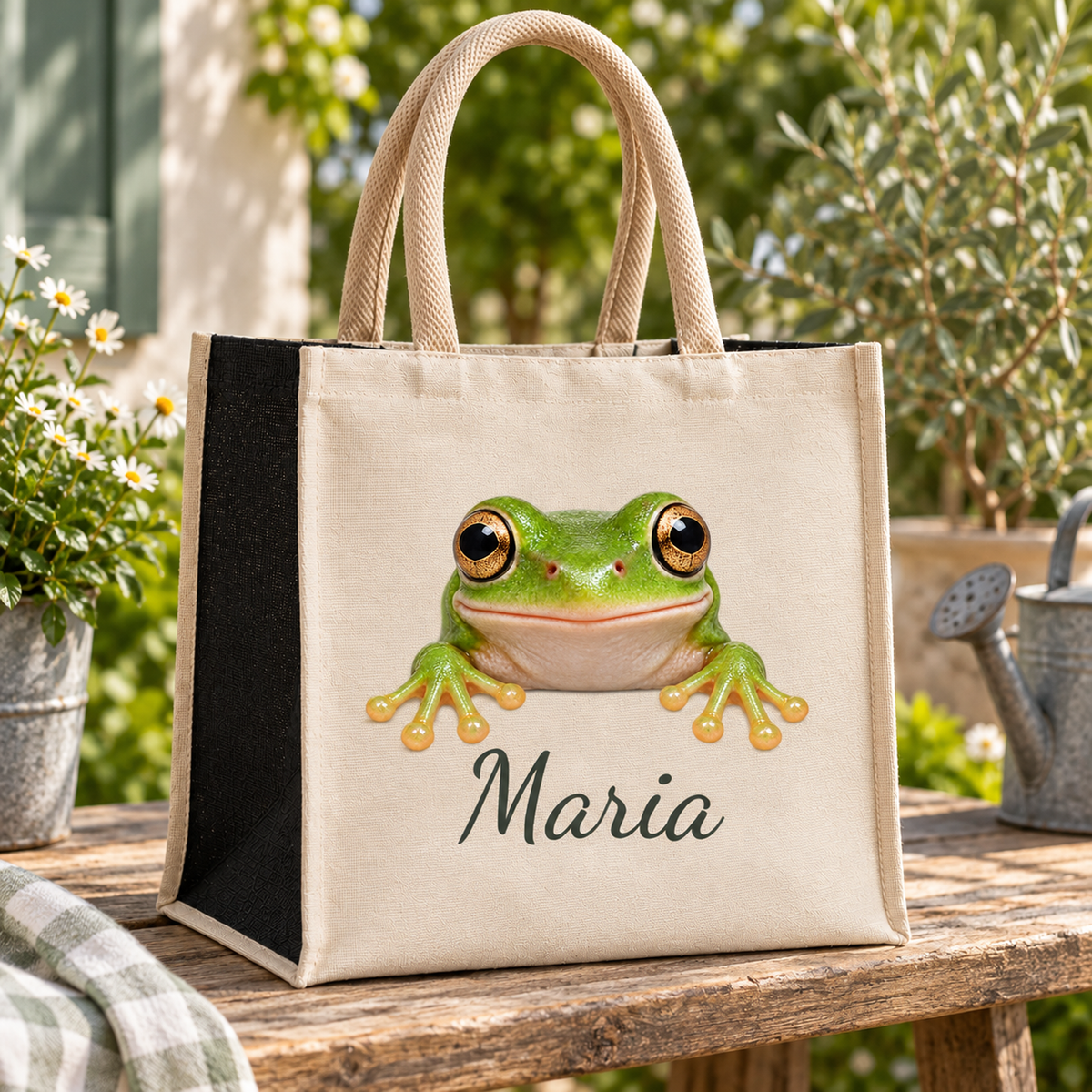 Personalisierte Frosch-Einkaufstasche auf einer Holzbank