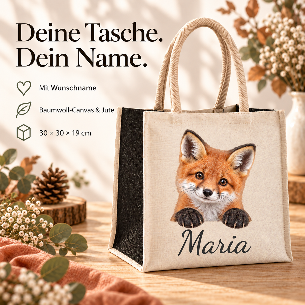 Einkaufstasche mit Fuchs-Motiv, Wunschname und erklärten Produkteigenschaften