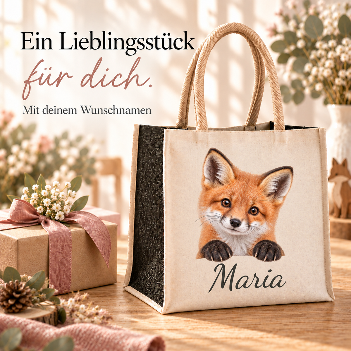 Personalisierte Einkaufstasche mit Fuchs-Motiv in einer Geschenkszene