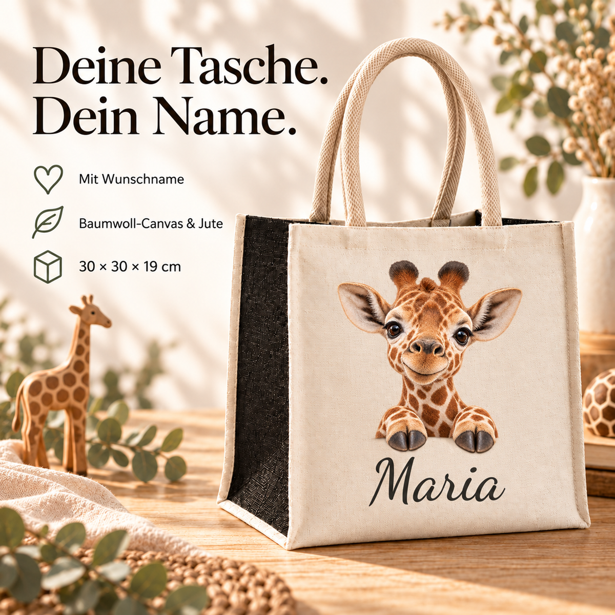 Einkaufstasche mit Giraffe-Motiv, Wunschname und erklärten Produkteigenschaften