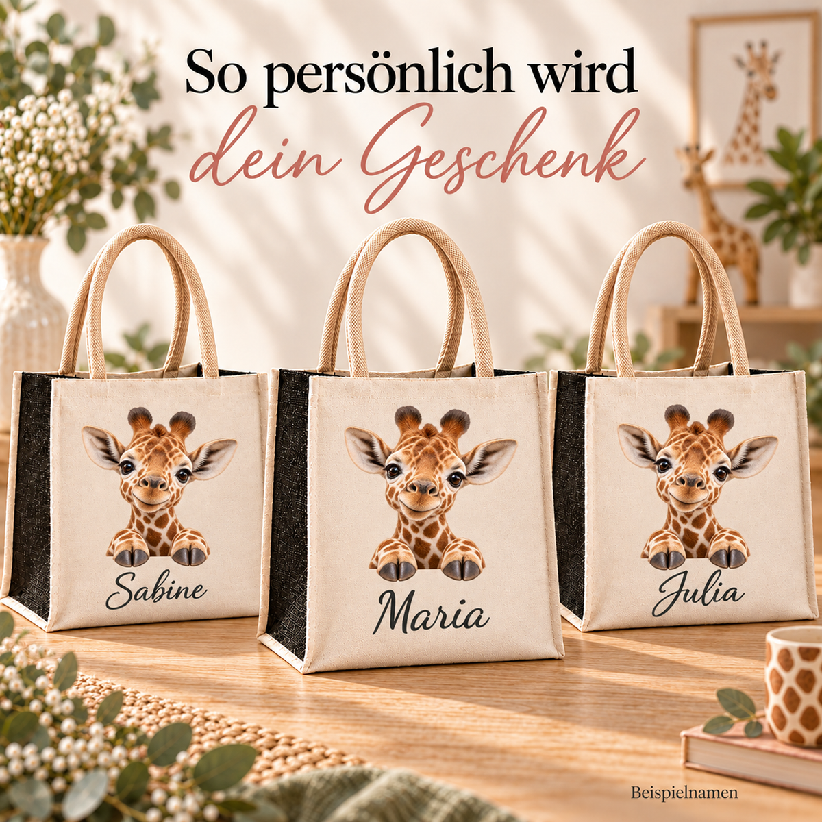 Einkaufstaschen mit gleichem Giraffe-Motiv und unterschiedlichen Wunschnamen