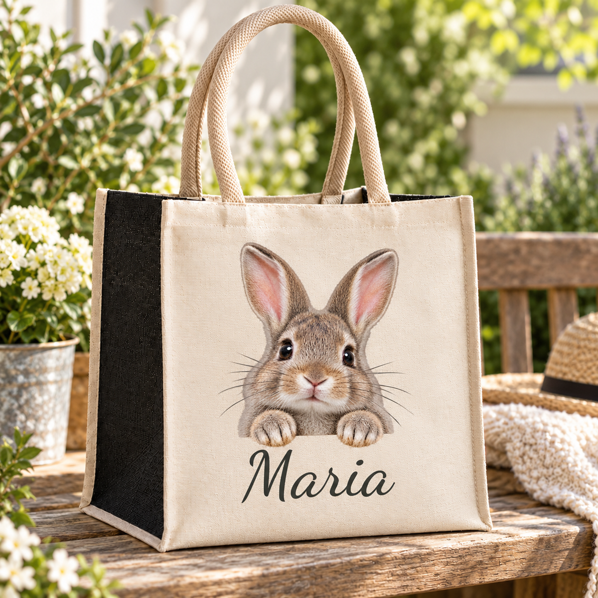 Personalisierte Hase-Einkaufstasche auf einer Holzbank