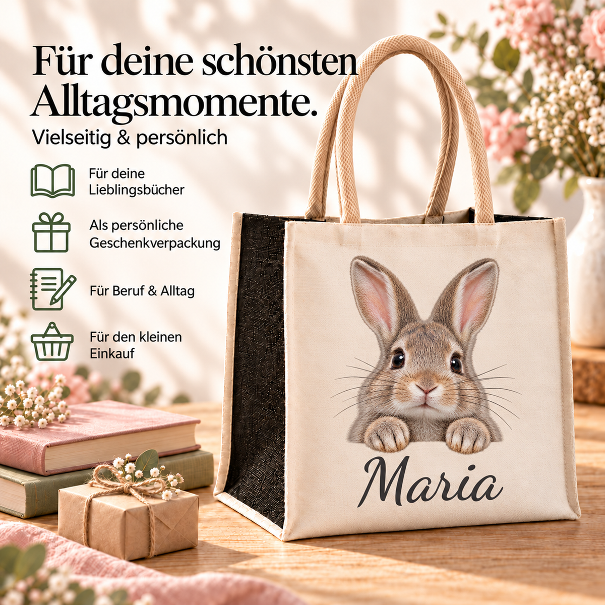 Personalisierte Einkaufstasche mit Hase-Motiv in einer Alltagsszene