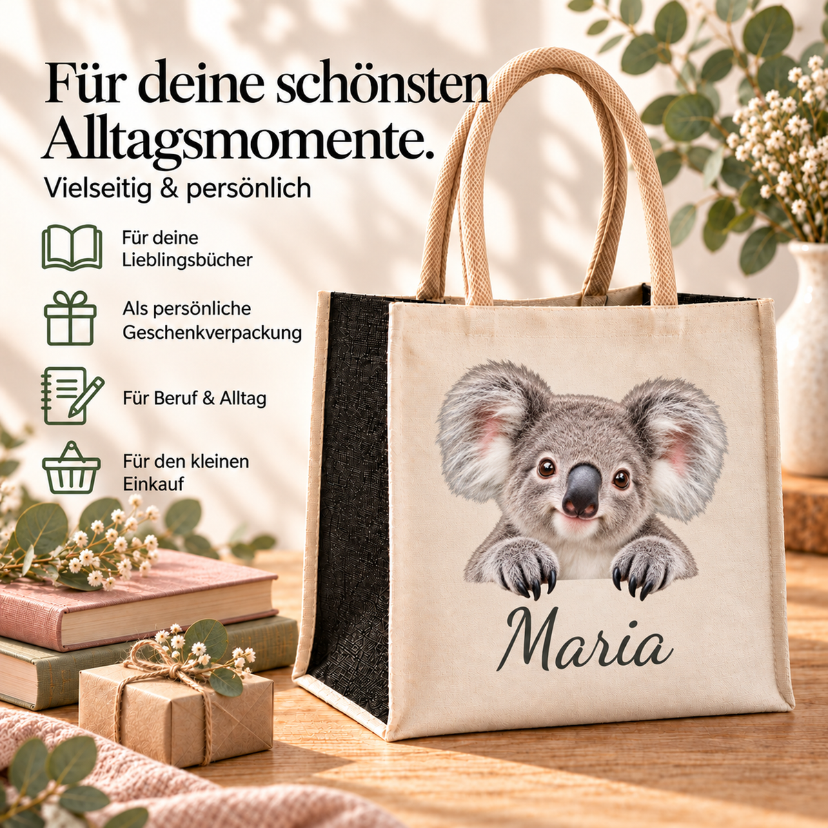Personalisierte Einkaufstasche mit Koala-Motiv in einer Alltagsszene