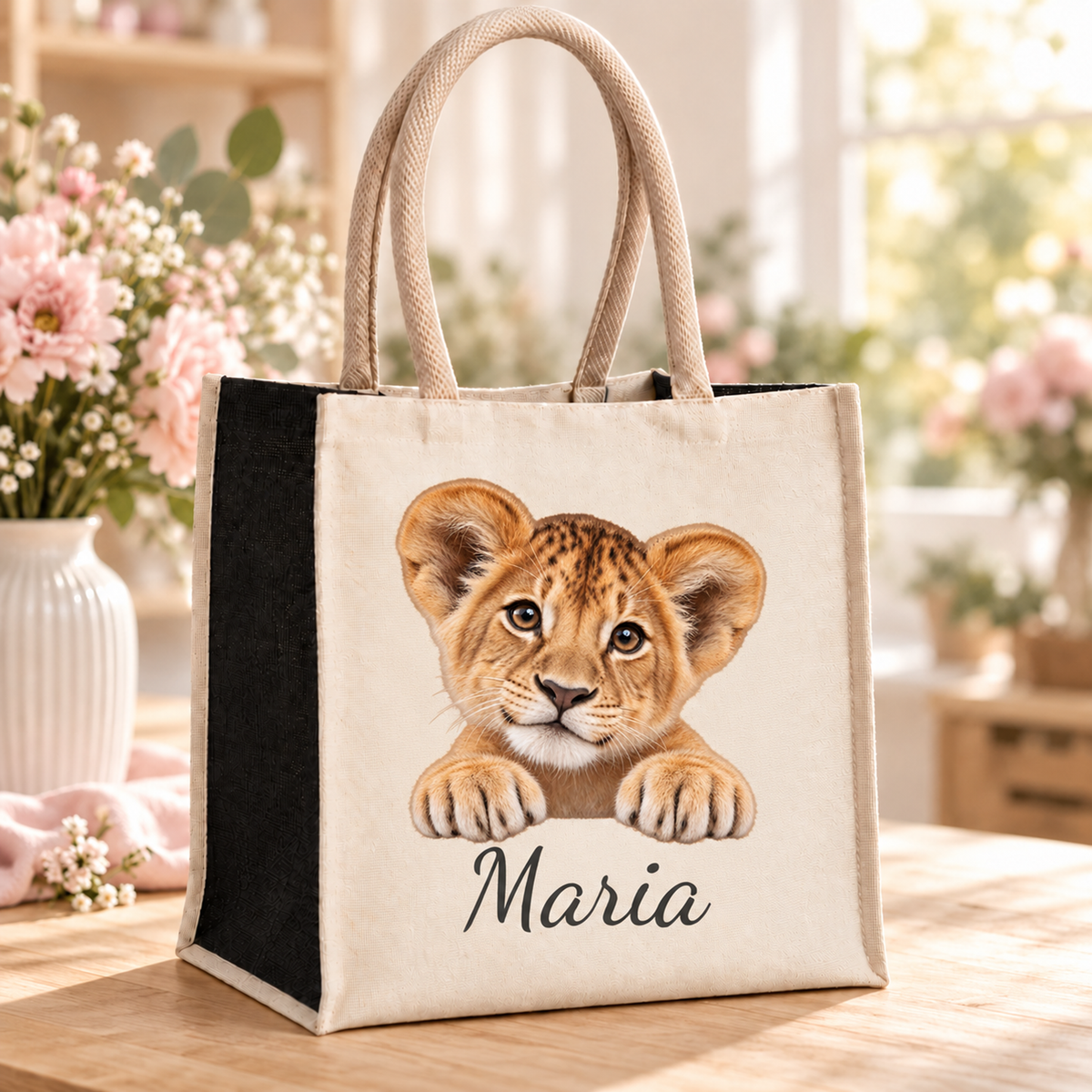 Personalisierte Tierbaby-Tasche mit Löwenmotiv im Blumenatelier