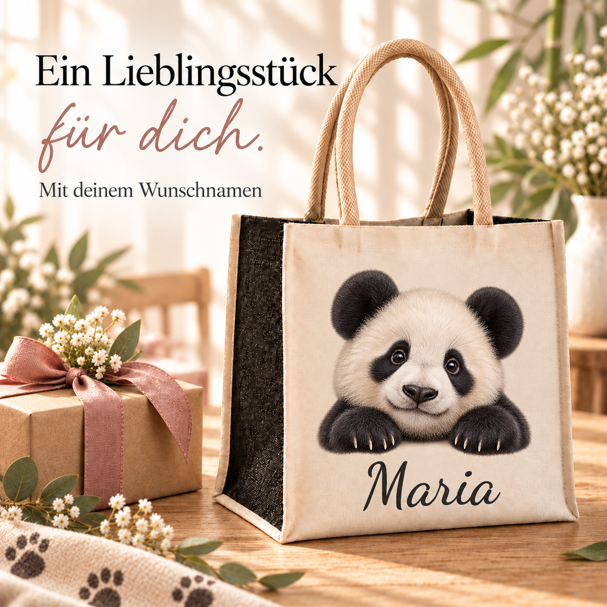 Personalisierte Einkaufstasche mit Panda-Motiv in einer Geschenkszene