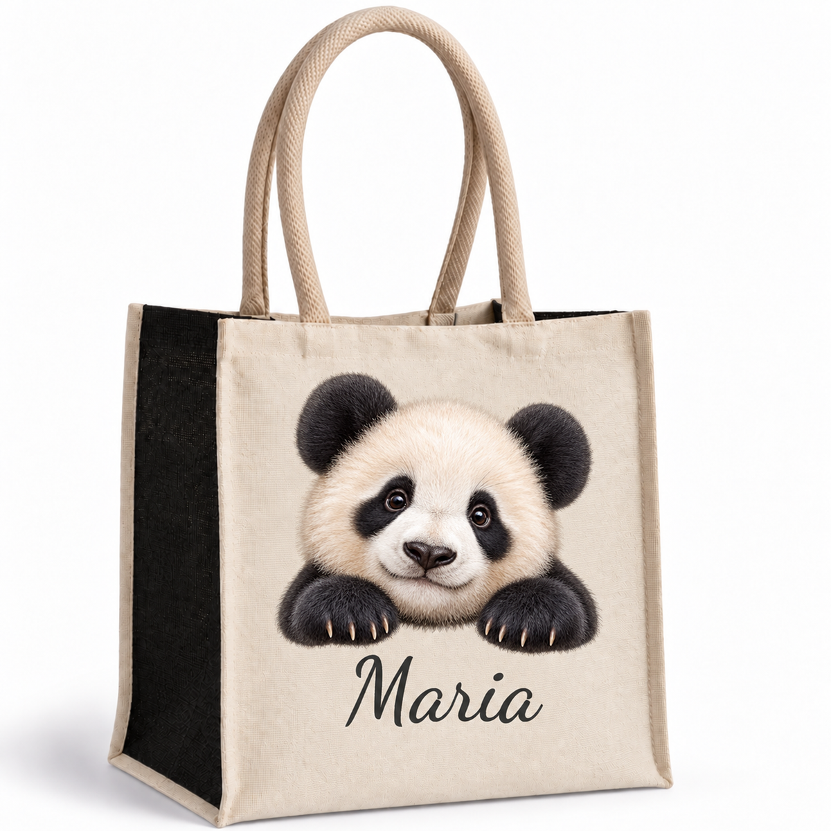 Personalisierte Einkaufstasche mit Panda-Motiv, Wunschname und schwarzen Seiten