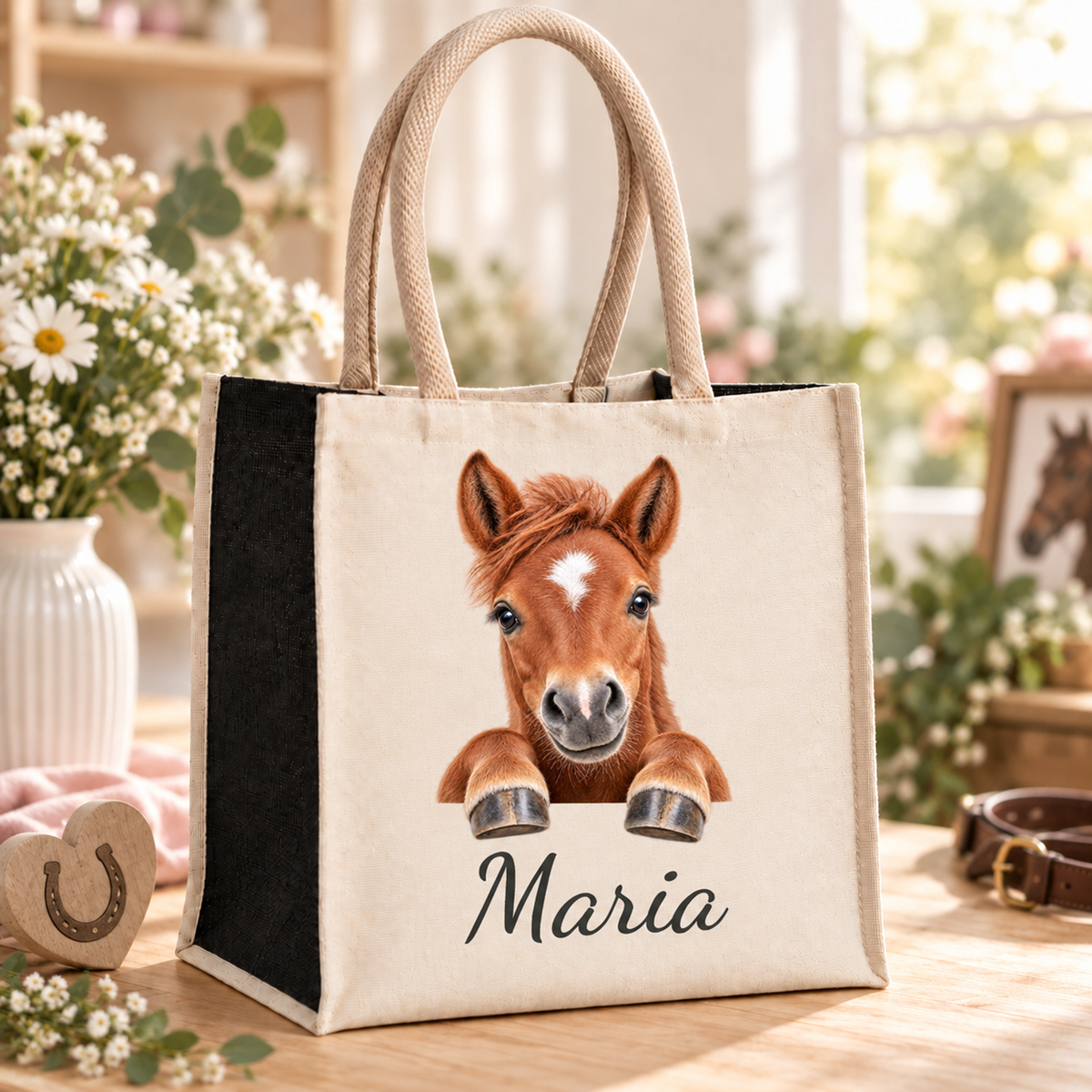 Einkaufstasche mit Pferd-Motiv und Wunschname im Blumenatelier