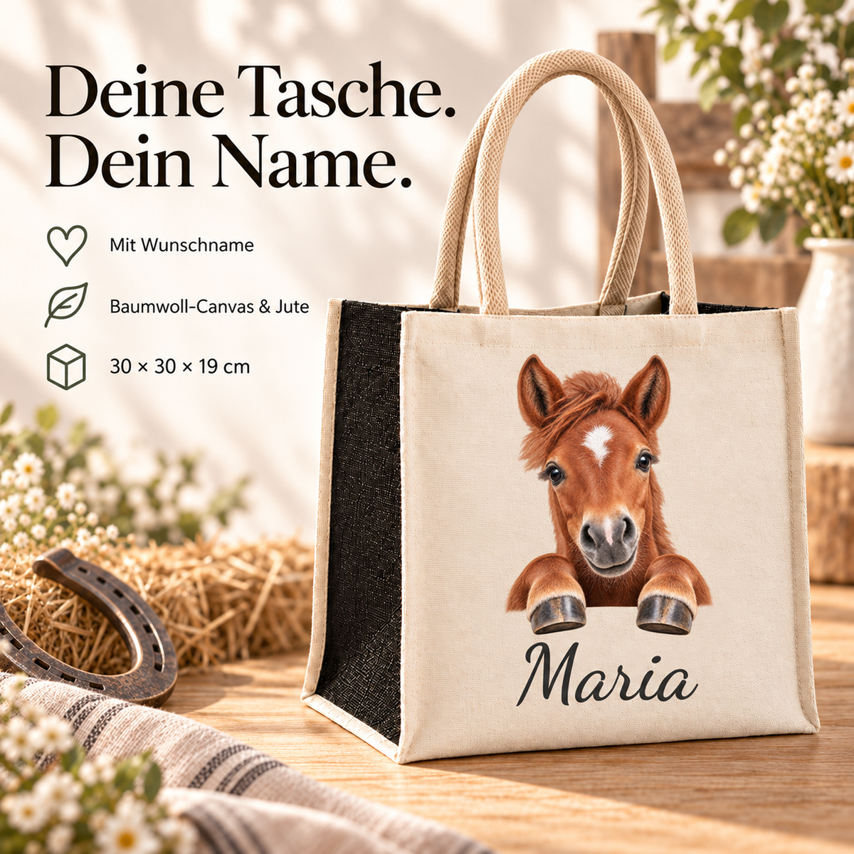 Einkaufstasche mit Pferd-Motiv, Wunschname und erklärten Produkteigenschaften