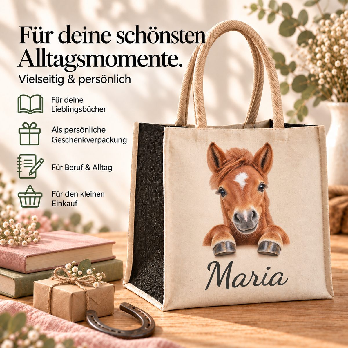 Personalisierte Einkaufstasche mit Pferd-Motiv in einer Alltagsszene