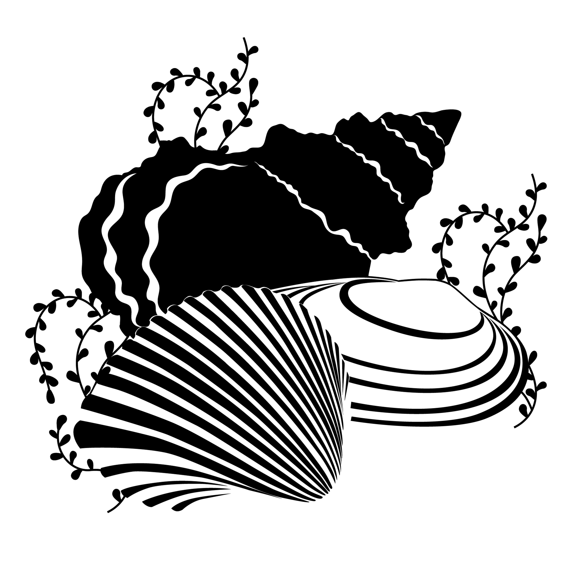 Schwarze Muscheln mit floralen Elementen in Schwarz-Weiß.