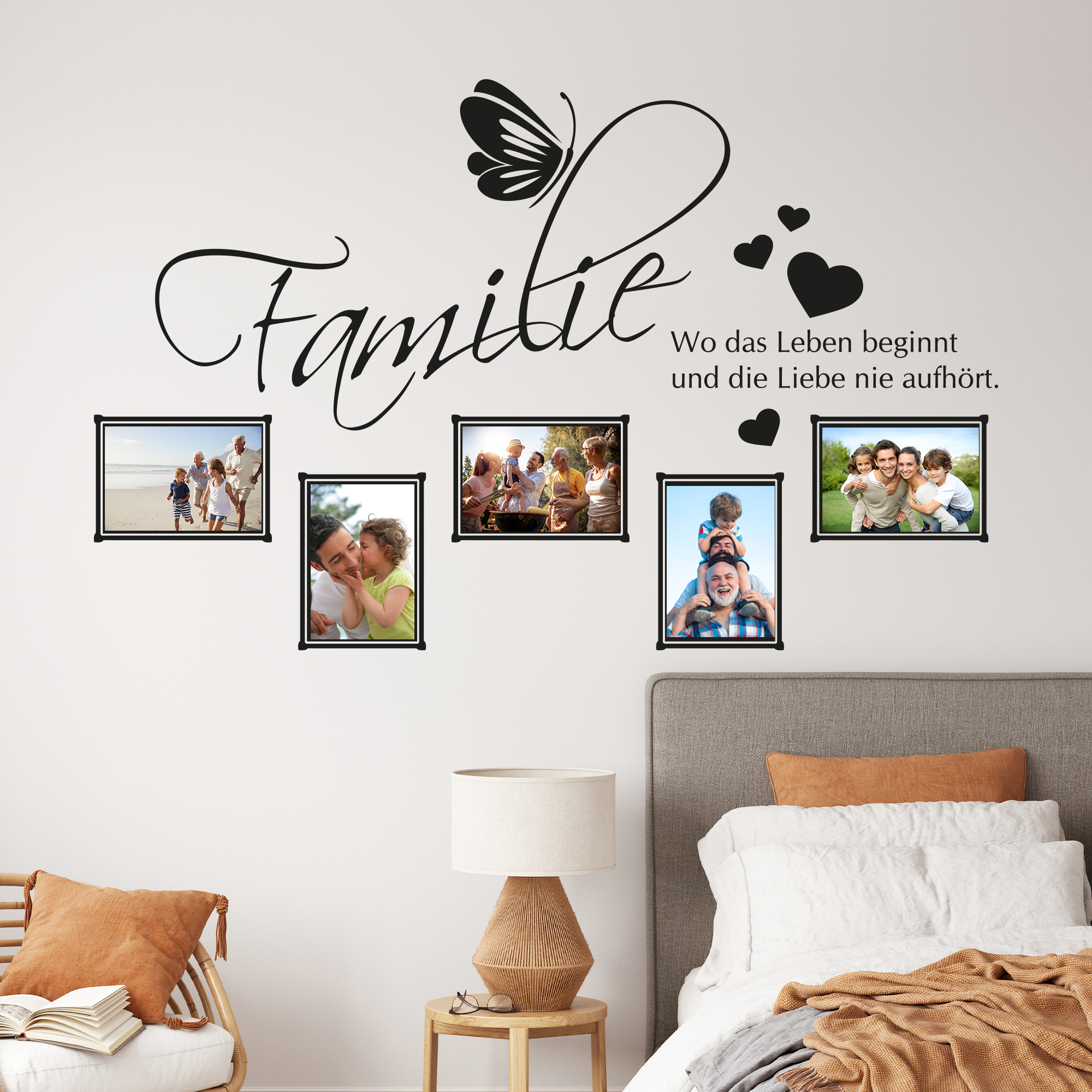 Wandtattoo "Familie" mit Bildern und Schmetterling, schwarz.