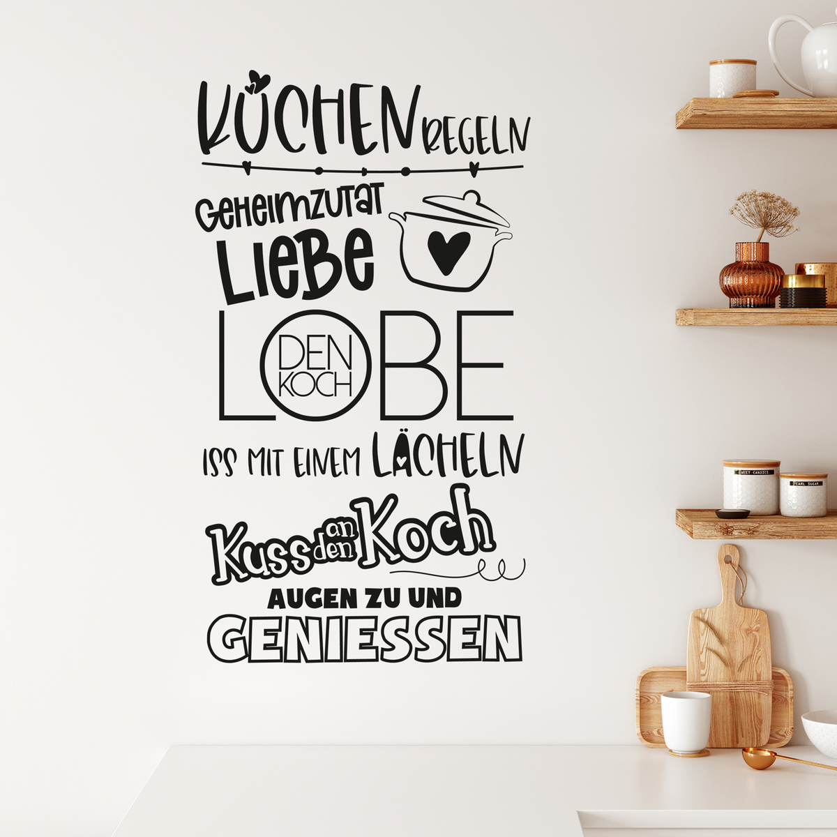 Wandtattoo mit Küchentexten in Schwarz auf weißem Hintergrund.
