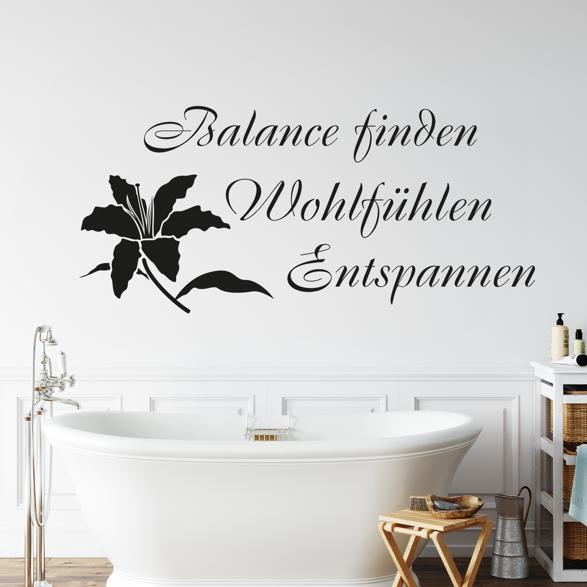 Schwarzer Wandaufkleber mit Pflanzenmotiv und Text.
