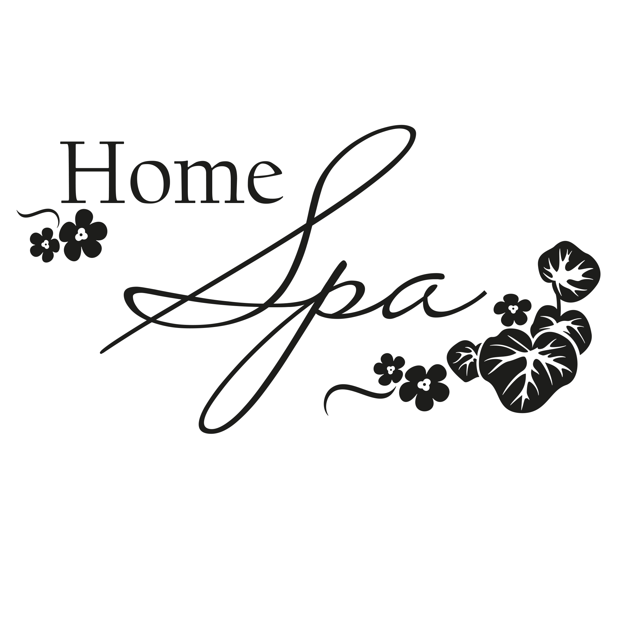 Home Spa Schriftzug mit floralen Elementen in Schwarz.