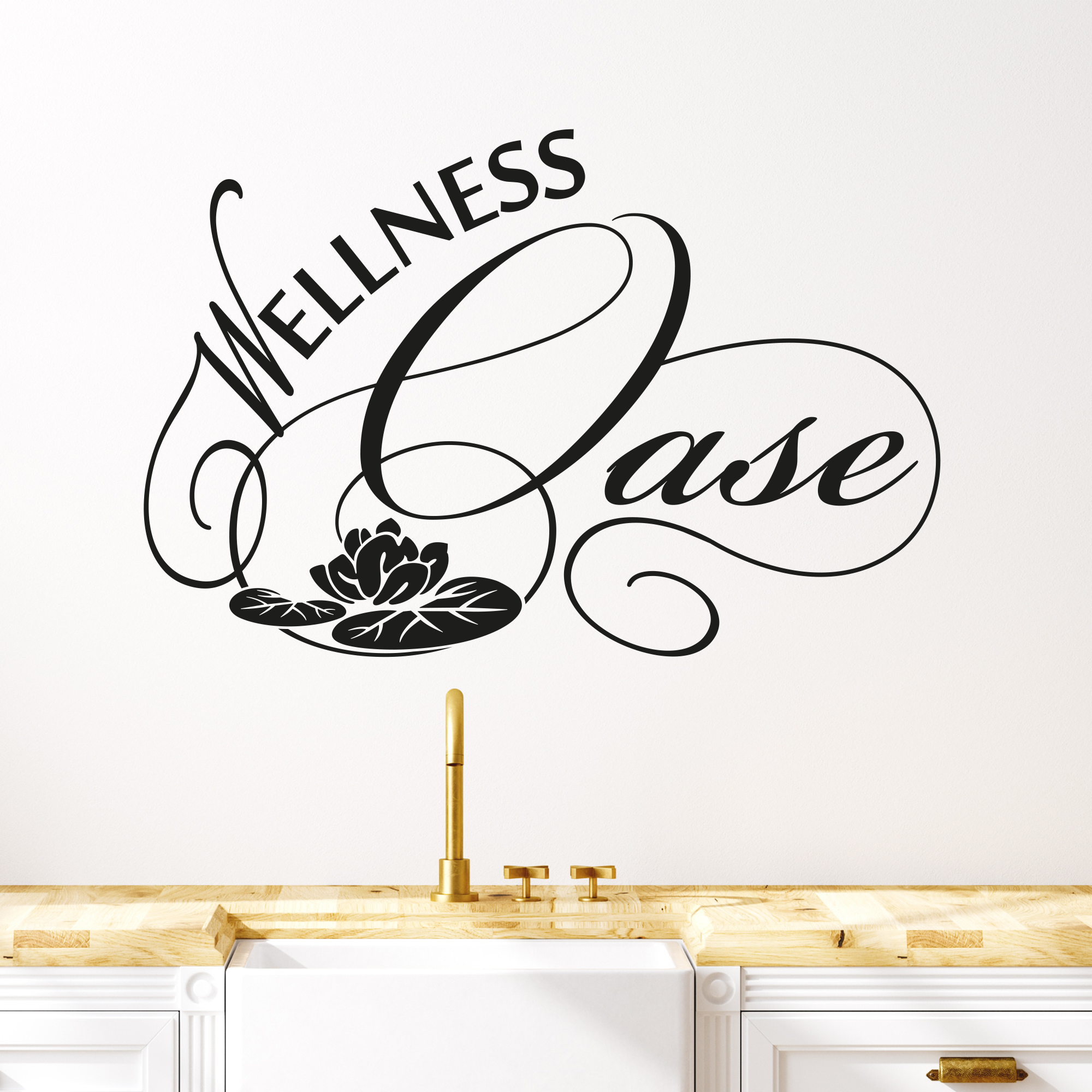 Schwarzer Wandaufkleber "Wellness Case" mit Lotusblüte.