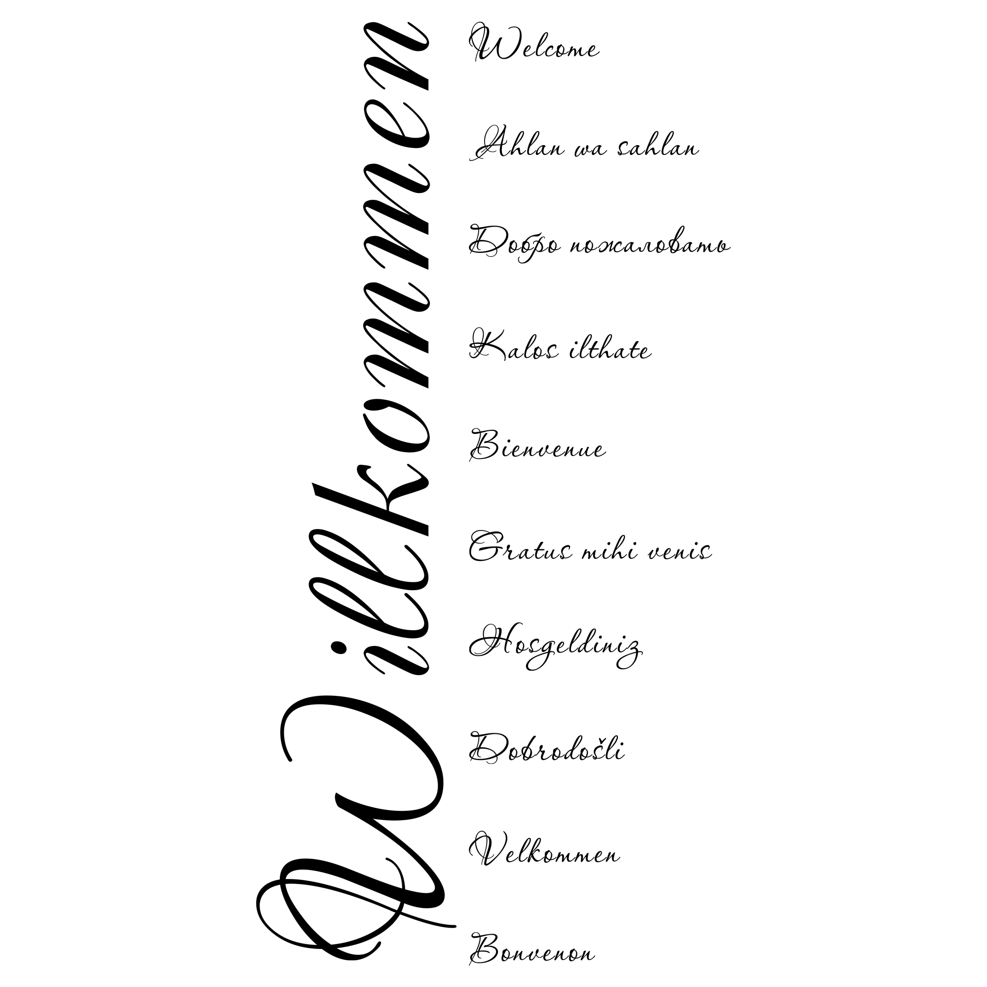 Willkommensschriftzug in verschiedenen Sprachen, elegante Schriftart.