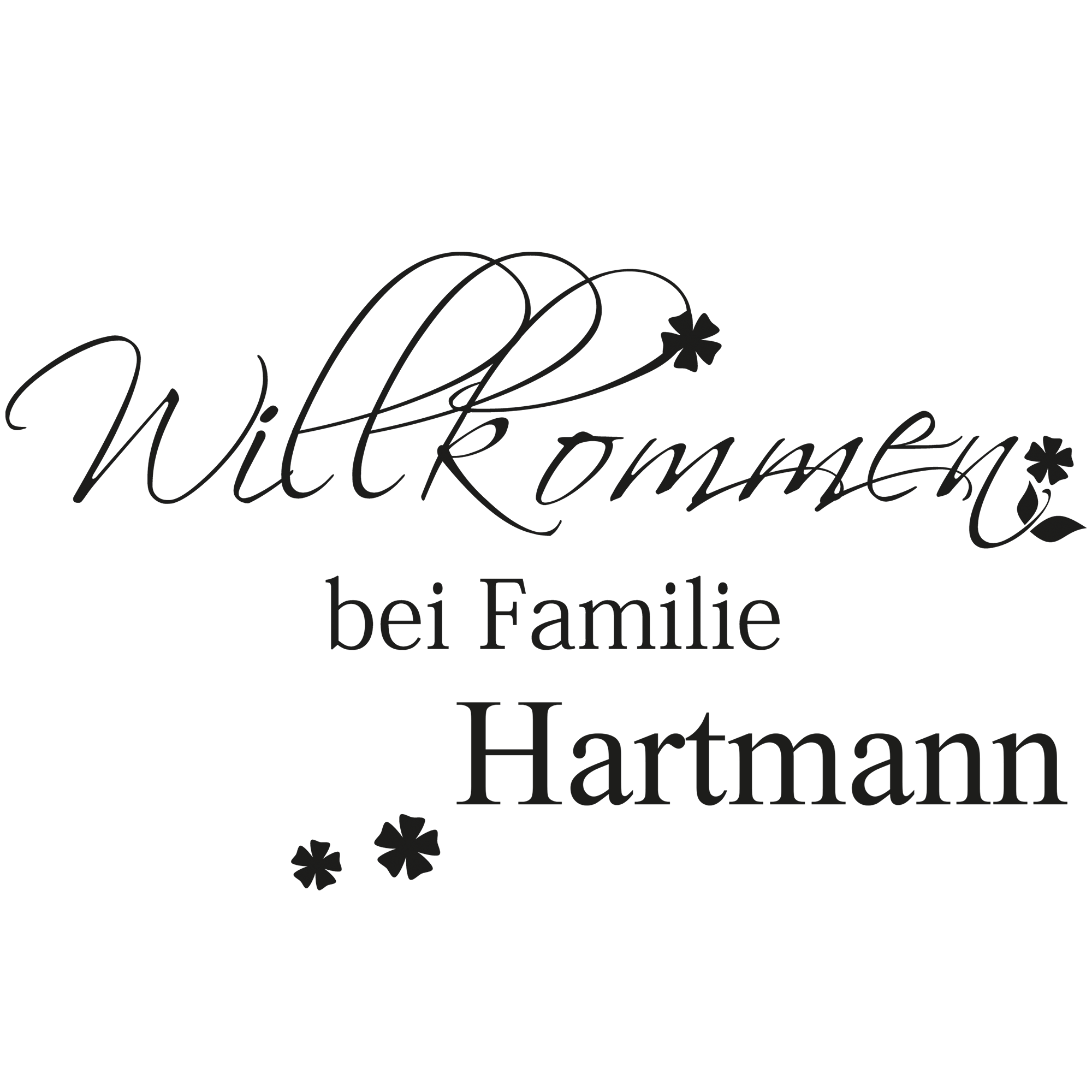 Willkommen-Schild für Familie Hartmann, schwarz, mit Blumenmotiven.