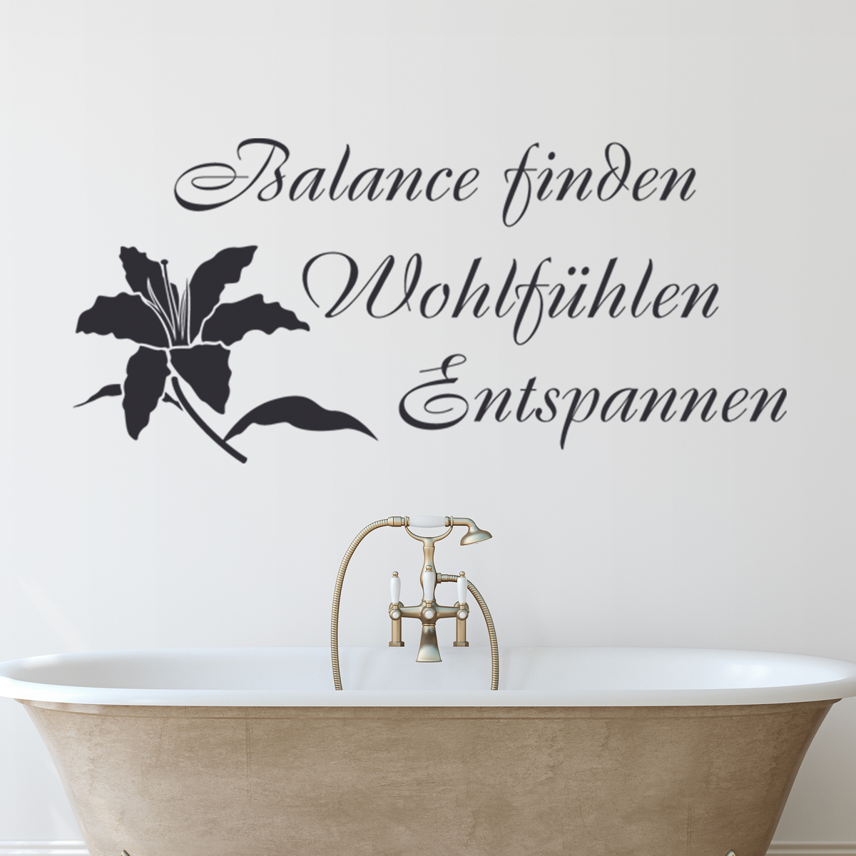 Wandtattoo mit schwarzer Schrift und Lilienmotiv.