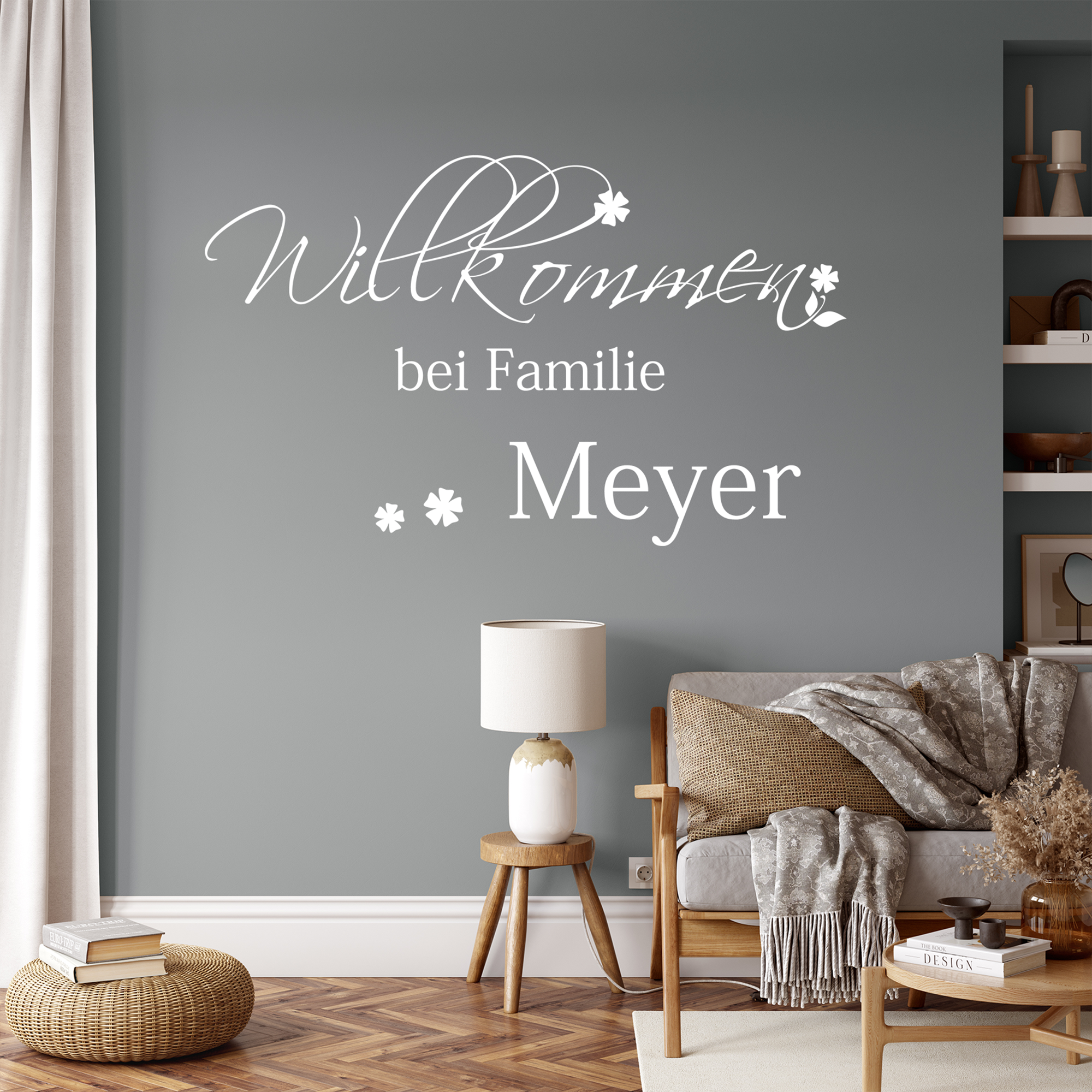Willkommen Schriftzug in Weiß für Familie Meyer.