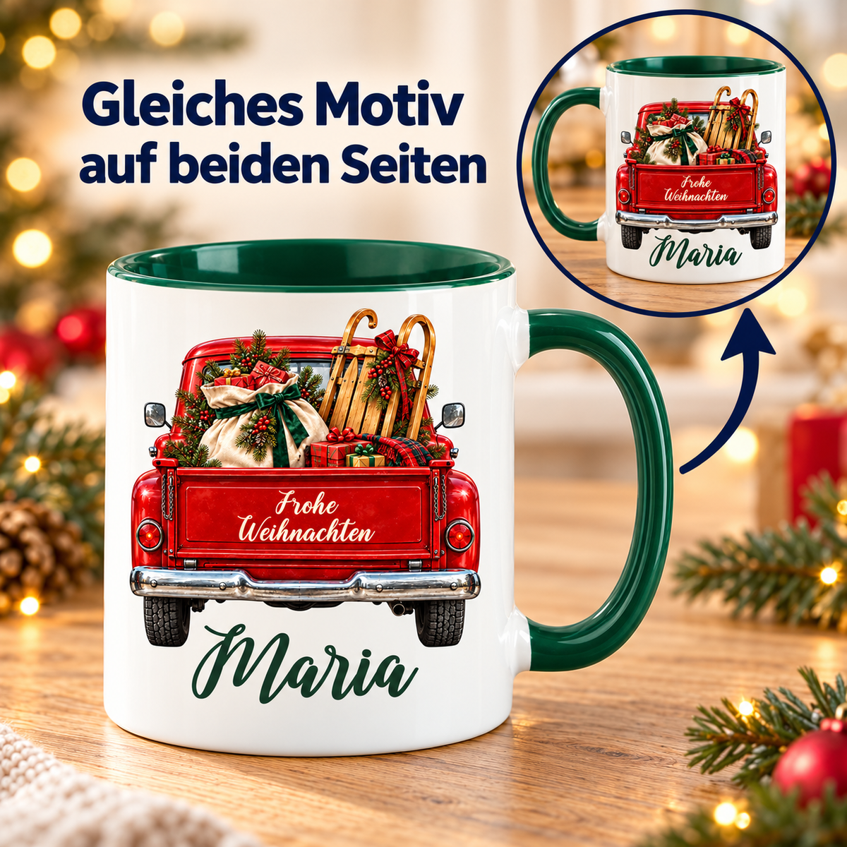 Weiß-grüne Weihnachtstasse mit rotem Truck, Schlitten und Geschenkesack; Detailansicht zeigt das gleiche personalisierte Motiv auf der Gegenseite.