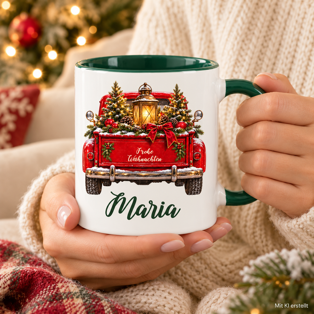 Hände halten eine weiß-grüne Weihnachtstasse mit rotem Truck, Winterlaterne, verschneiten Tannen und einem Namen in grüner Schreibschrift.