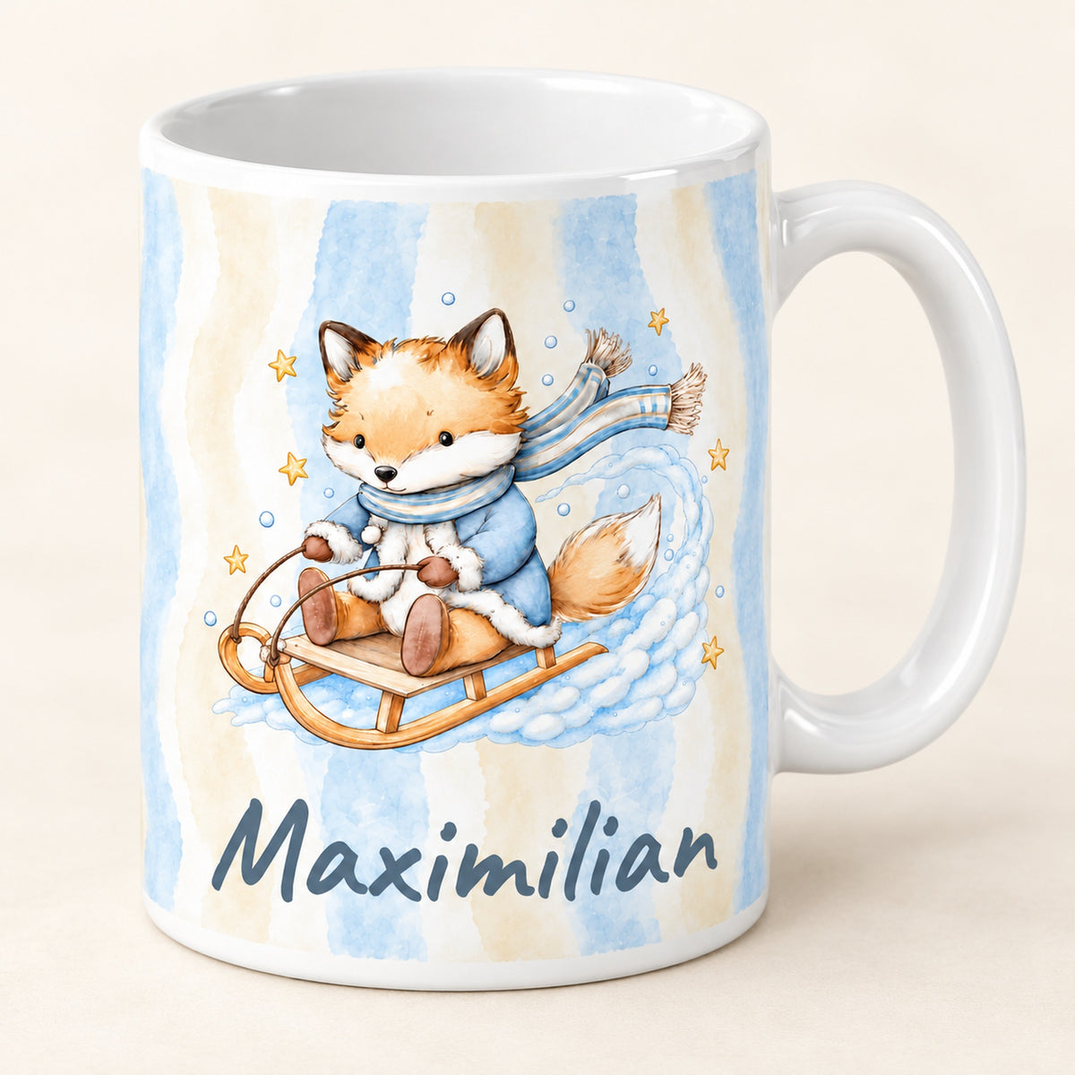 Tasse Fuchs mit Wunschname Maximilian – three-quarter