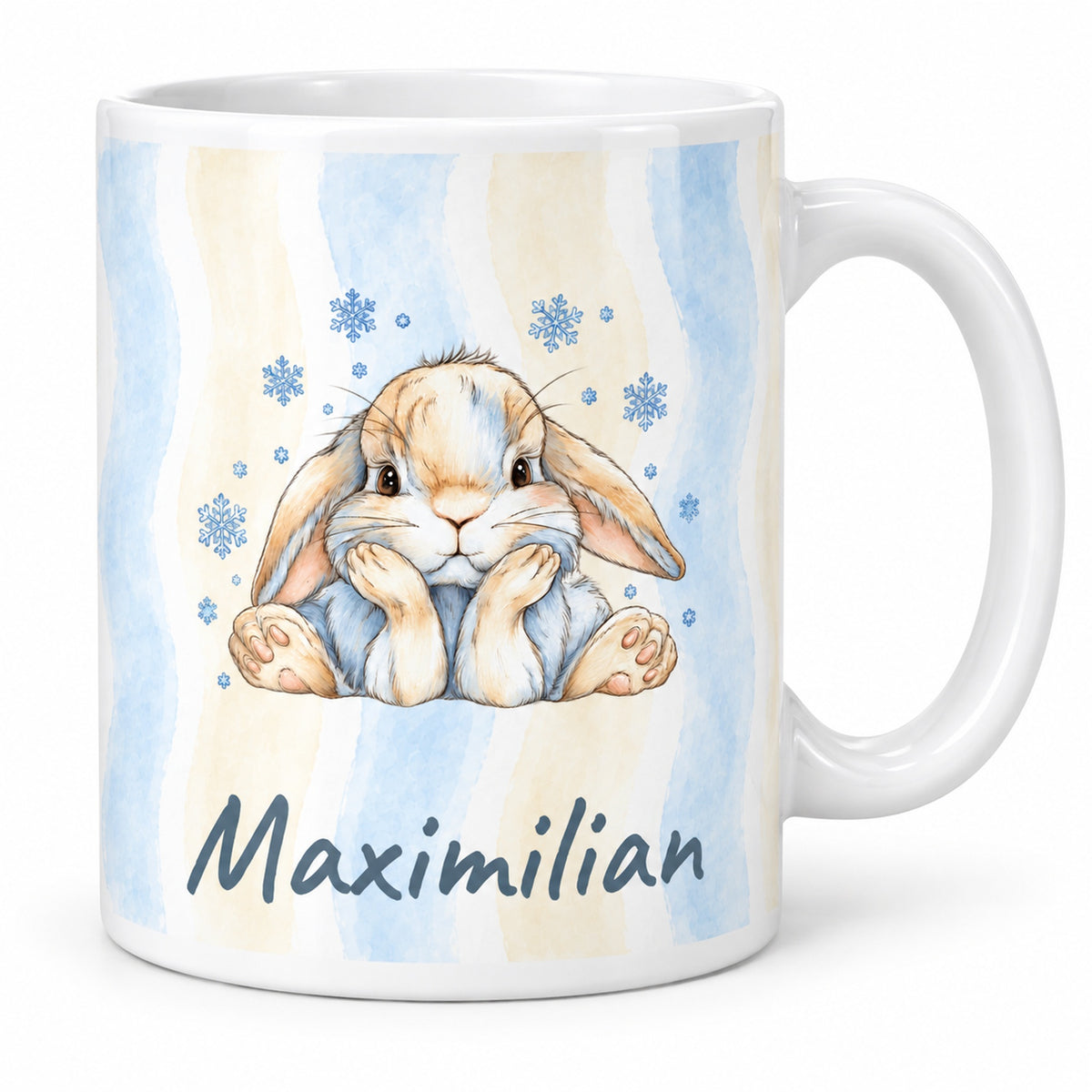Personalisierte Wintertasse mit Hase und Wunschname Maximilian, Vorderseite
