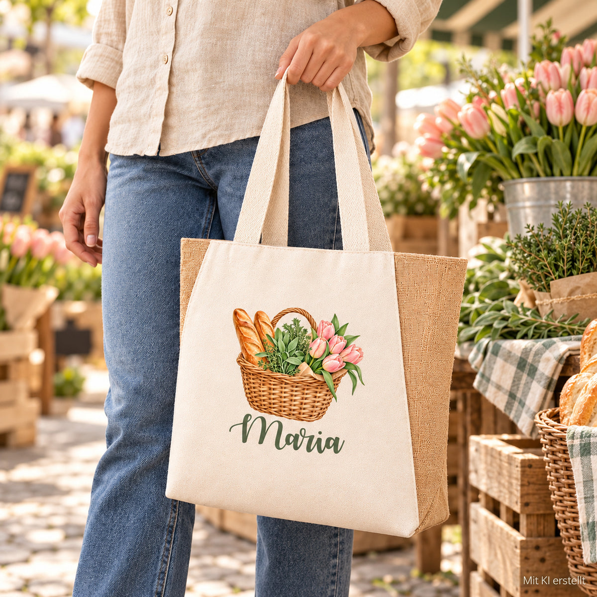 Shopper Sharma mit Tulpen, Kräuter & Baguette und Wunschname – Alltagsansicht der personalisierten Markttasche.