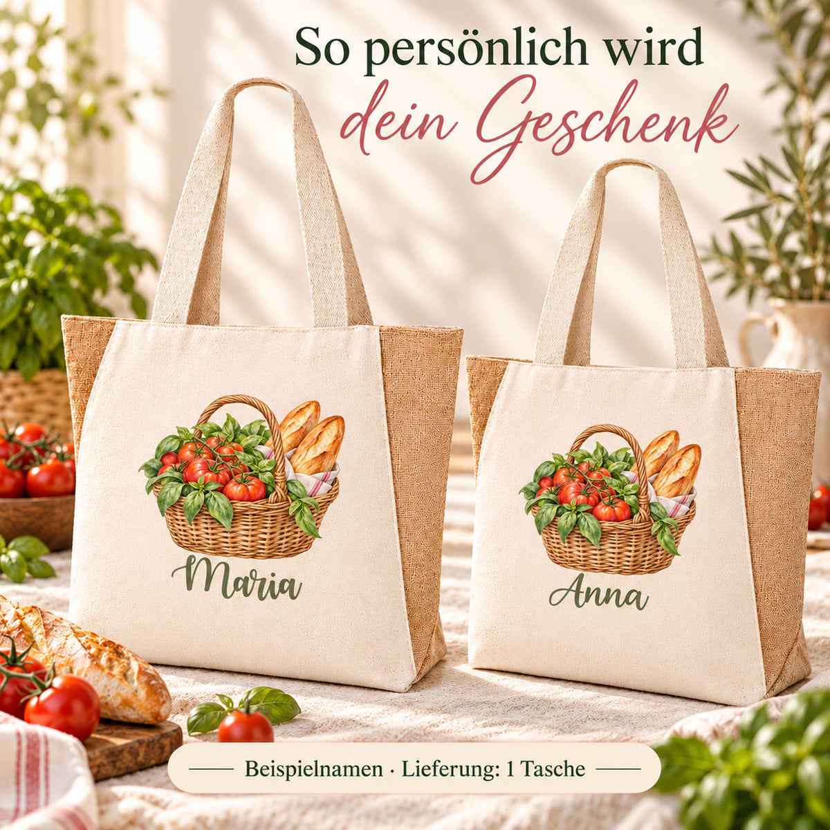 Shopper Sharma mit Tomaten, Basilikum & Baguette und Wunschname – Darstellung des Wunschnamens unter dem Korbmotiv.