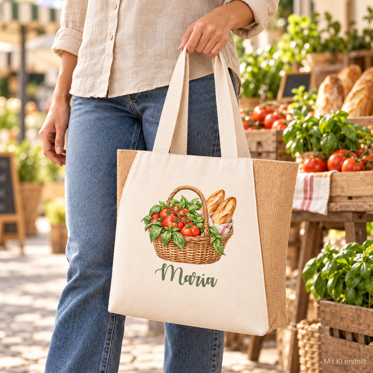 Shopper Sharma mit Tomaten, Basilikum & Baguette und Wunschname – Alltagsansicht der personalisierten Markttasche.