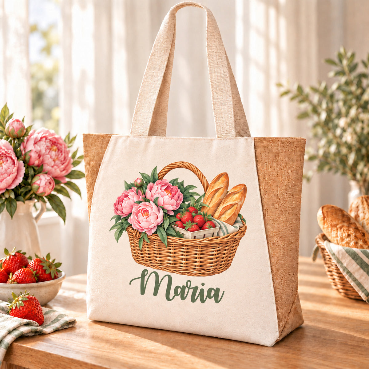 Shopper Sharma mit Erdbeeren, Pfingstrosen & Baguette und Wunschname – Ansicht des Aquarell-Korbmotivs und des Beispielnamens Maria.