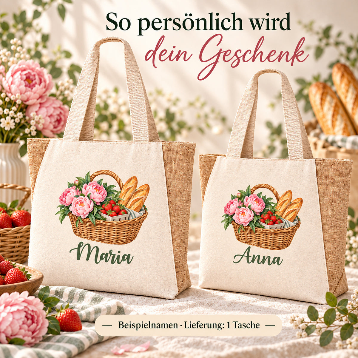 Shopper Sharma mit Erdbeeren, Pfingstrosen & Baguette und Wunschname – Darstellung des Wunschnamens unter dem Korbmotiv.