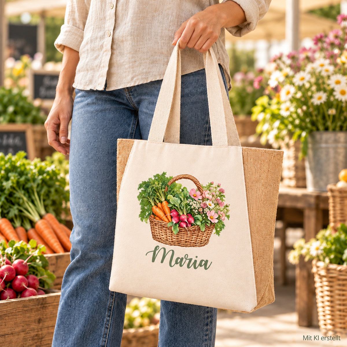 Shopper Sharma mit Radieschen, Möhren & Wiesenblumen und Wunschname – Alltagsansicht der personalisierten Markttasche.