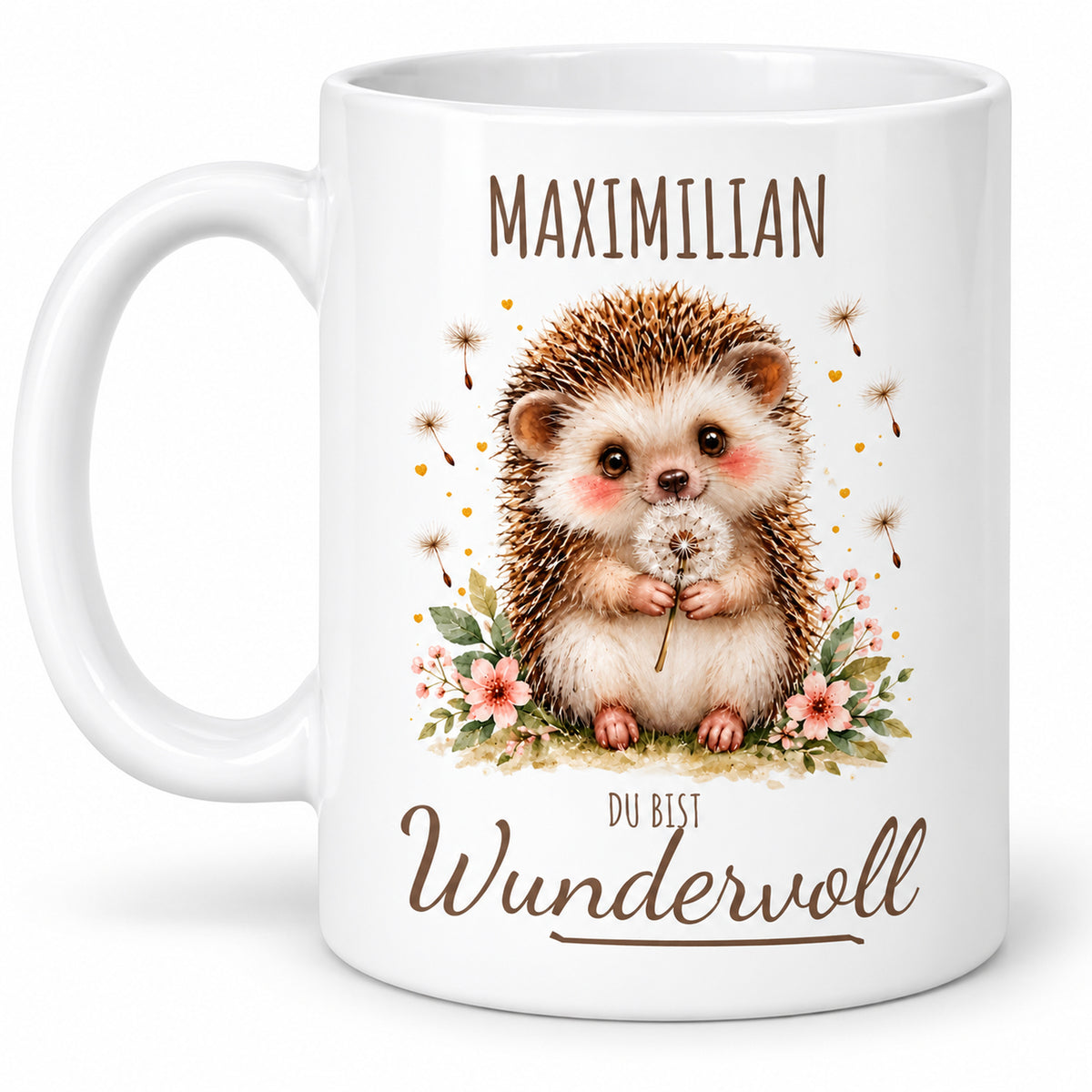 Zweite Druckseite: weiße Igel-Tasse, 330 ml, mit Wunschname und Du bist Wundervoll – Beispielname Maximilian