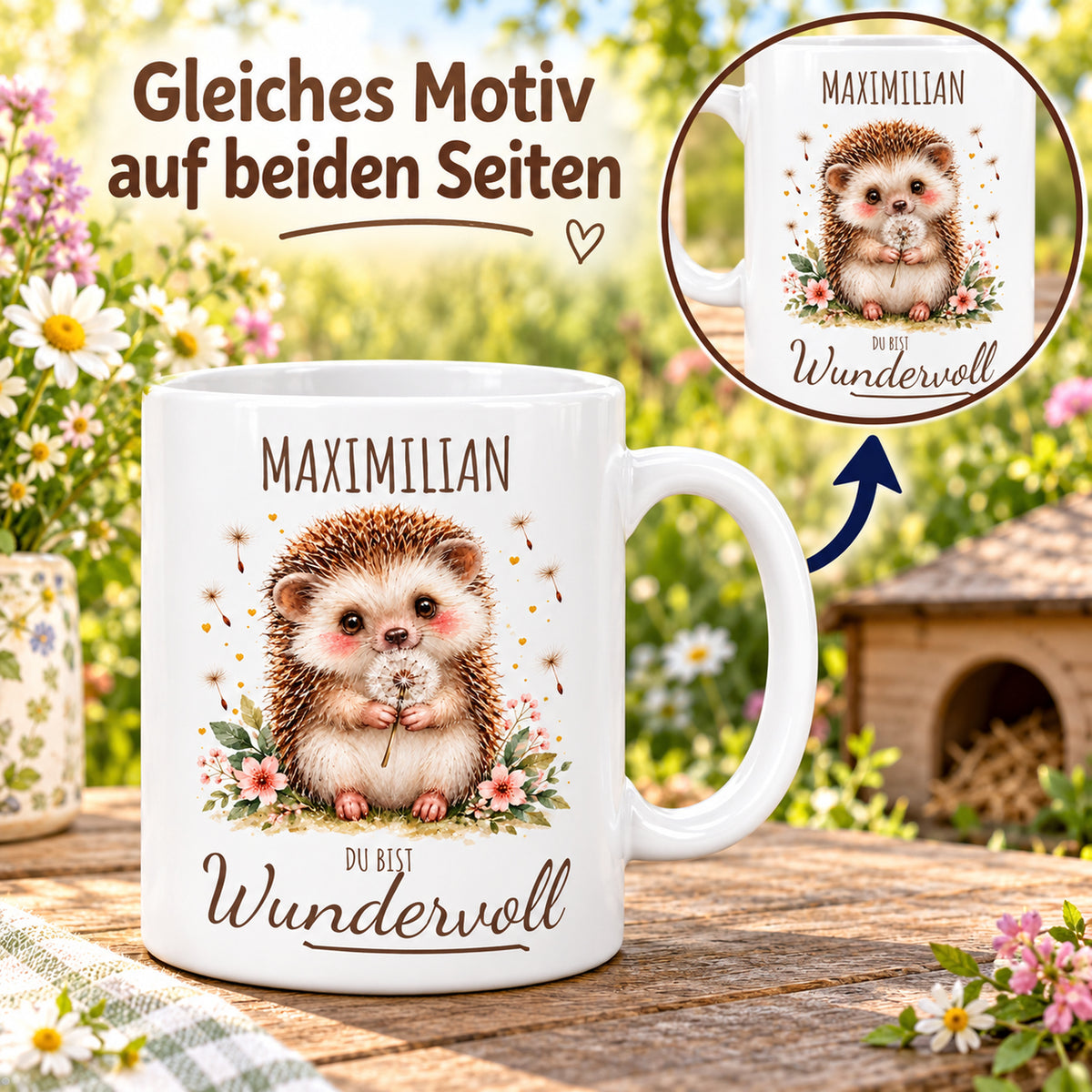 Beidseitiger Druck: weiße Igel-Tasse, 330 ml, mit Wunschname und Du bist Wundervoll – Beispielname Maximilian