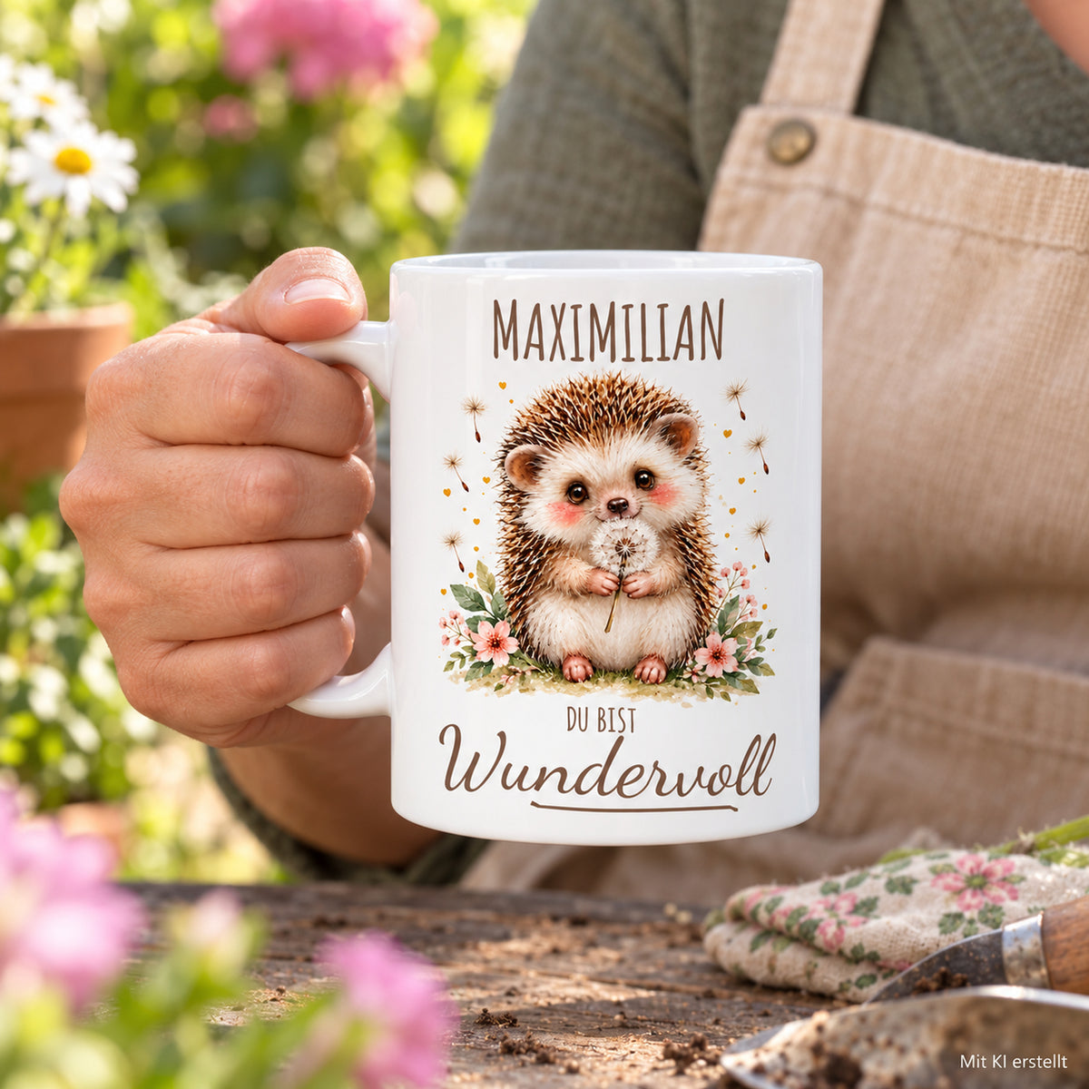 Nutzungsszene: weiße Igel-Tasse, 330 ml, mit Wunschname und Du bist Wundervoll – Beispielname Maximilian