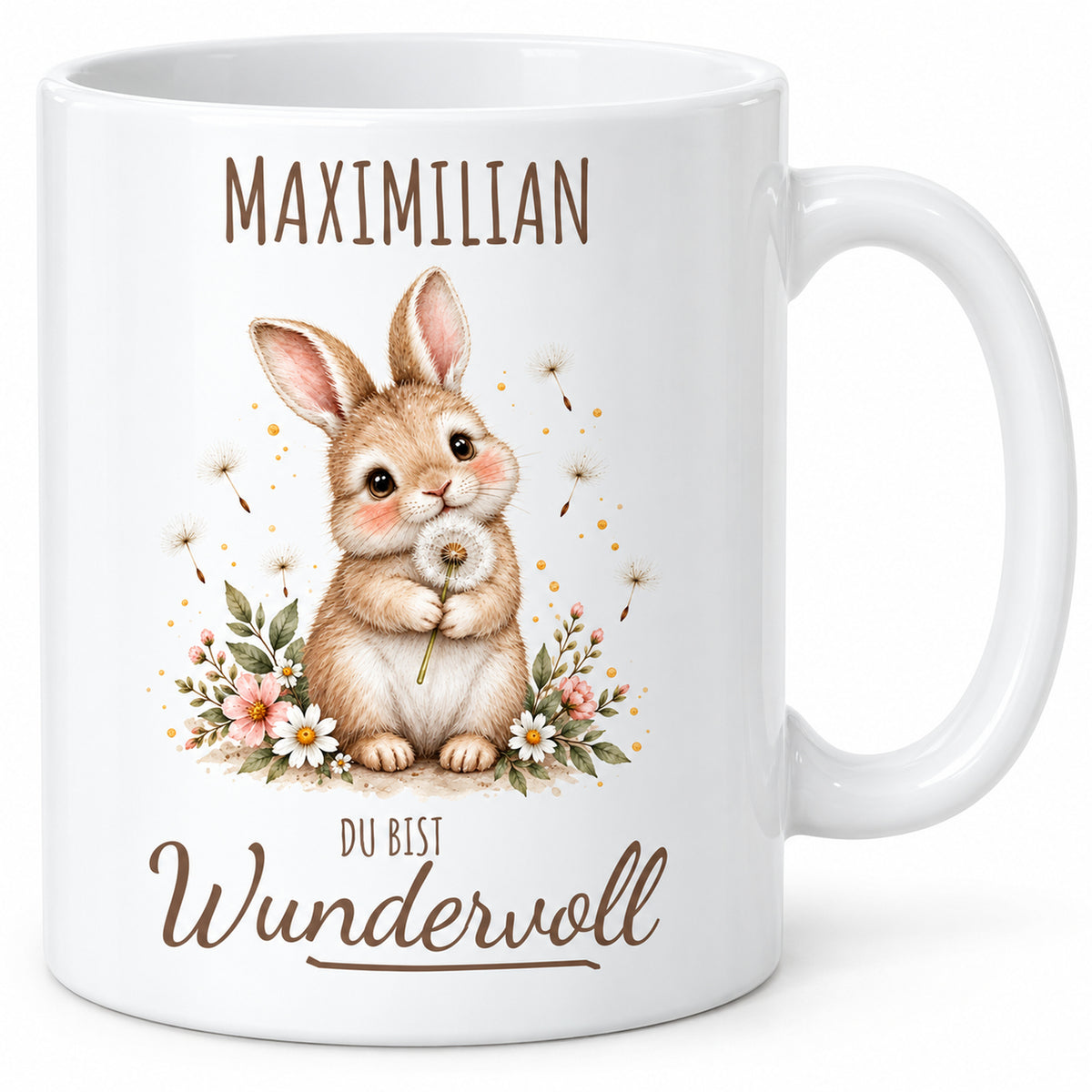Hauptansicht: weiße Hase-Tasse, 330 ml, mit Wunschname und Du bist Wundervoll – Beispielname Maximilian