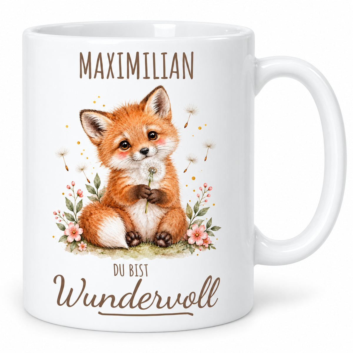 Hauptansicht: weiße Fuchs-Tasse, 330 ml, mit Wunschname und Du bist Wundervoll – Beispielname Maximilian